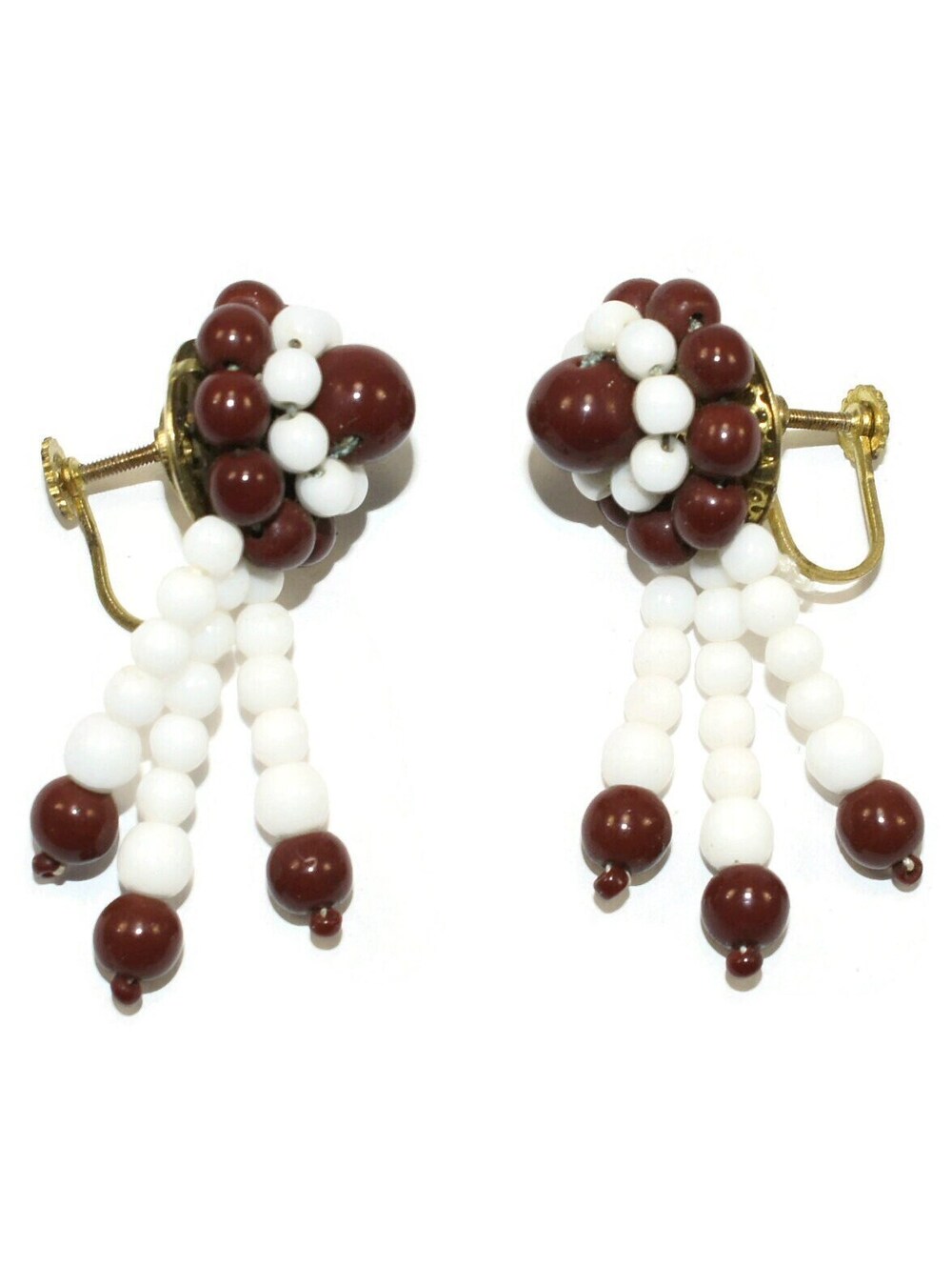 Vintage Deep Reddish Brown and White Glass Beaded Dangle Earrings.
